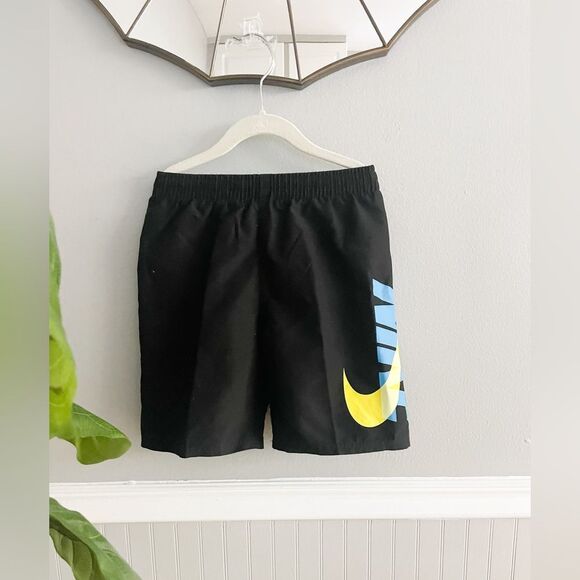 NWOT Nike Logo Swim Shorts Boys Size Small Black Blue Yellow - Picture 1 of 7